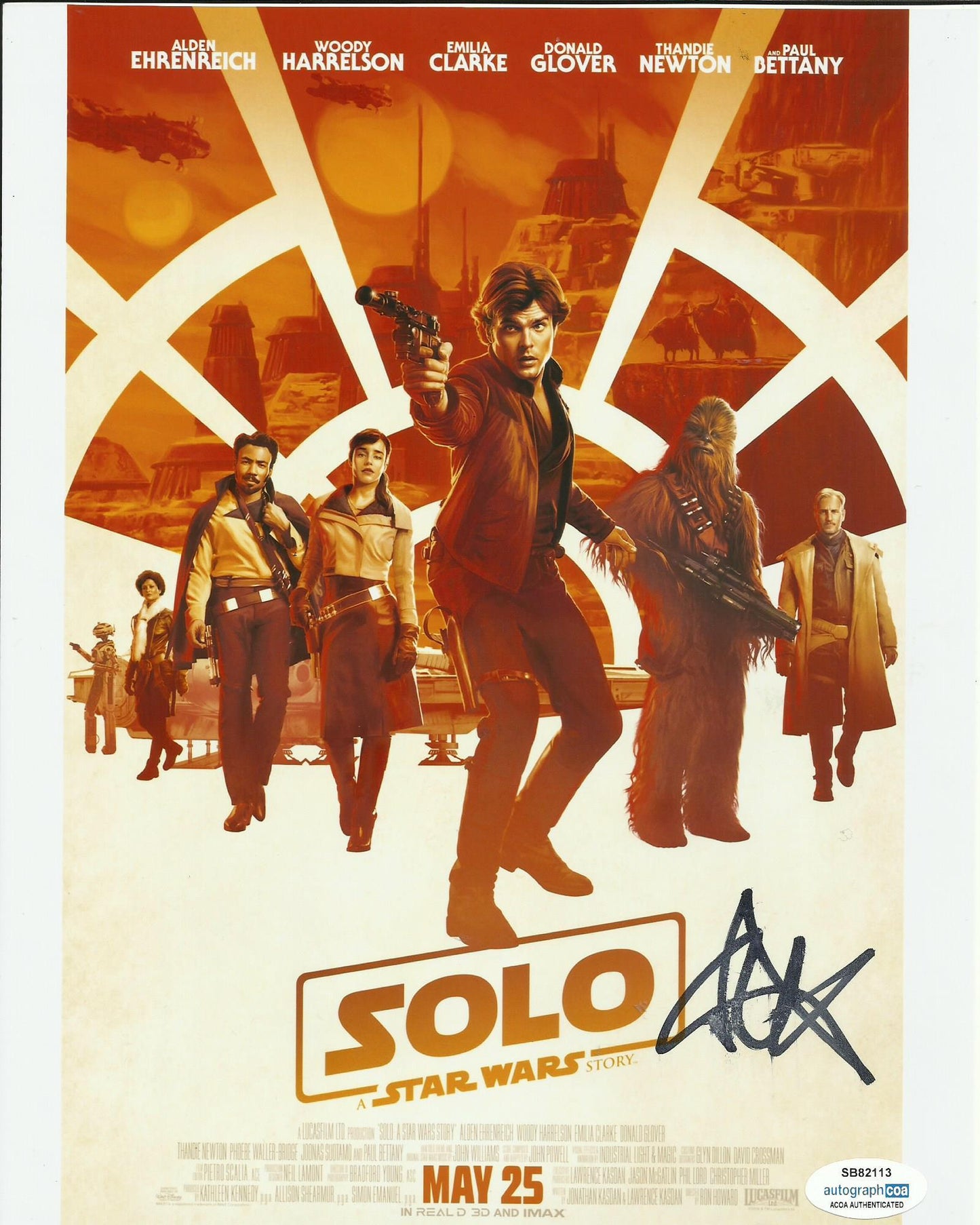 ALDEN EHRENREICH SIGNED SOLO 8X10 PHOTO ALSO ACOA (2) SLIGHT SMUDGE