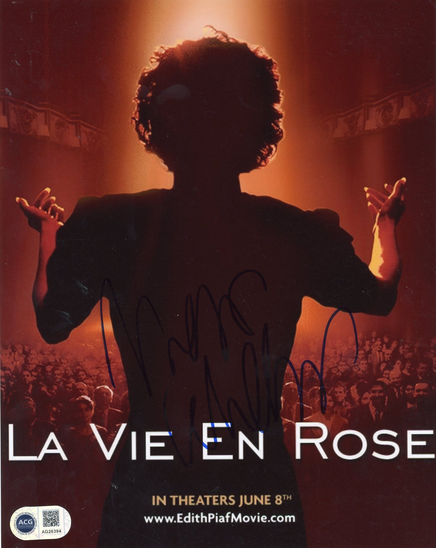 MARION COTILLARD SIGNED LA VIE EN ROSE 10X8 PHOTO (1) ALSO ACG CERT AUTHENTICATION