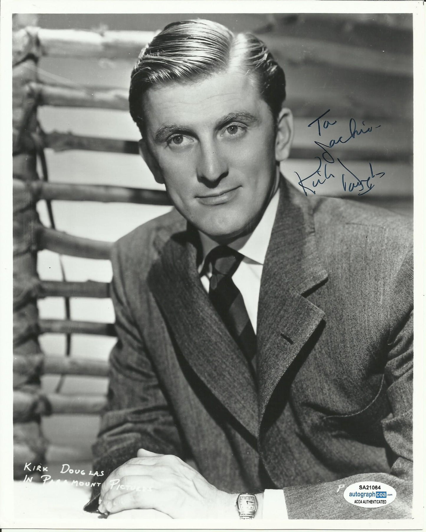 KIRK DOUGLAS SIGNED COOL 8X10 PHOTO DEDICATED AND ALSO ACOA CERT