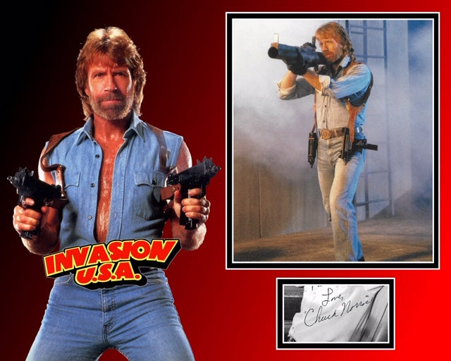 CHUCK NORRIS SIGNED INVASION USA PHOTO MOUNT ACOA
