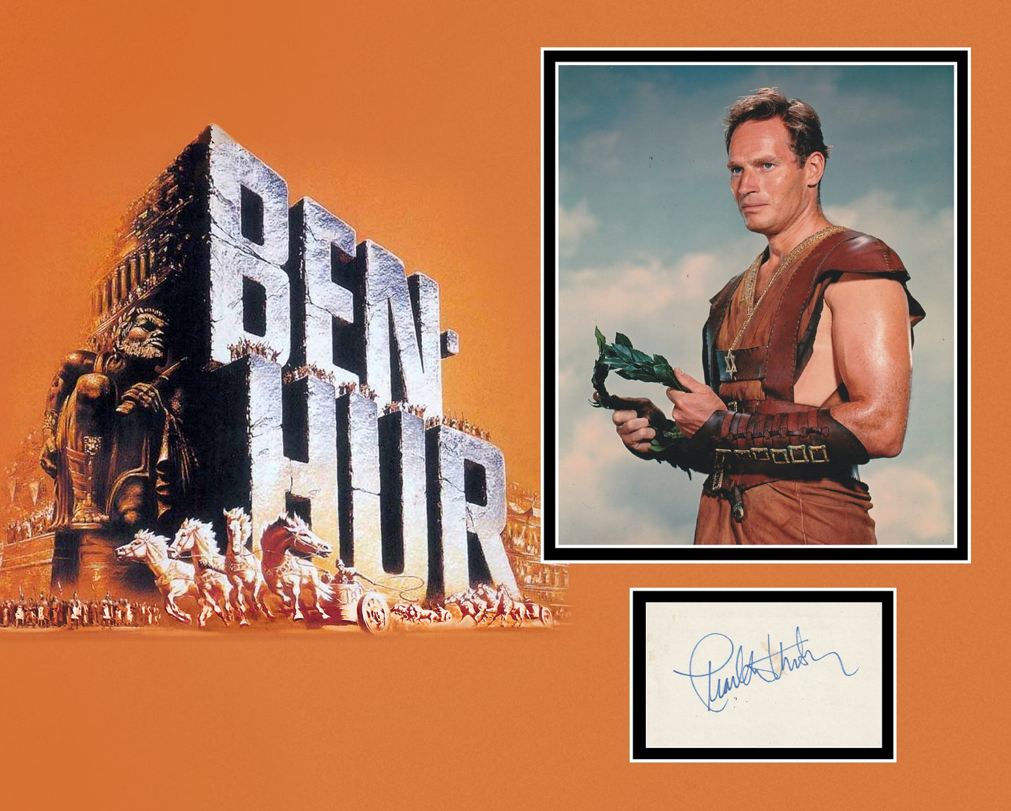 CHARLTON HESTON SIGNED BEN HUR PHOTO MOUNT