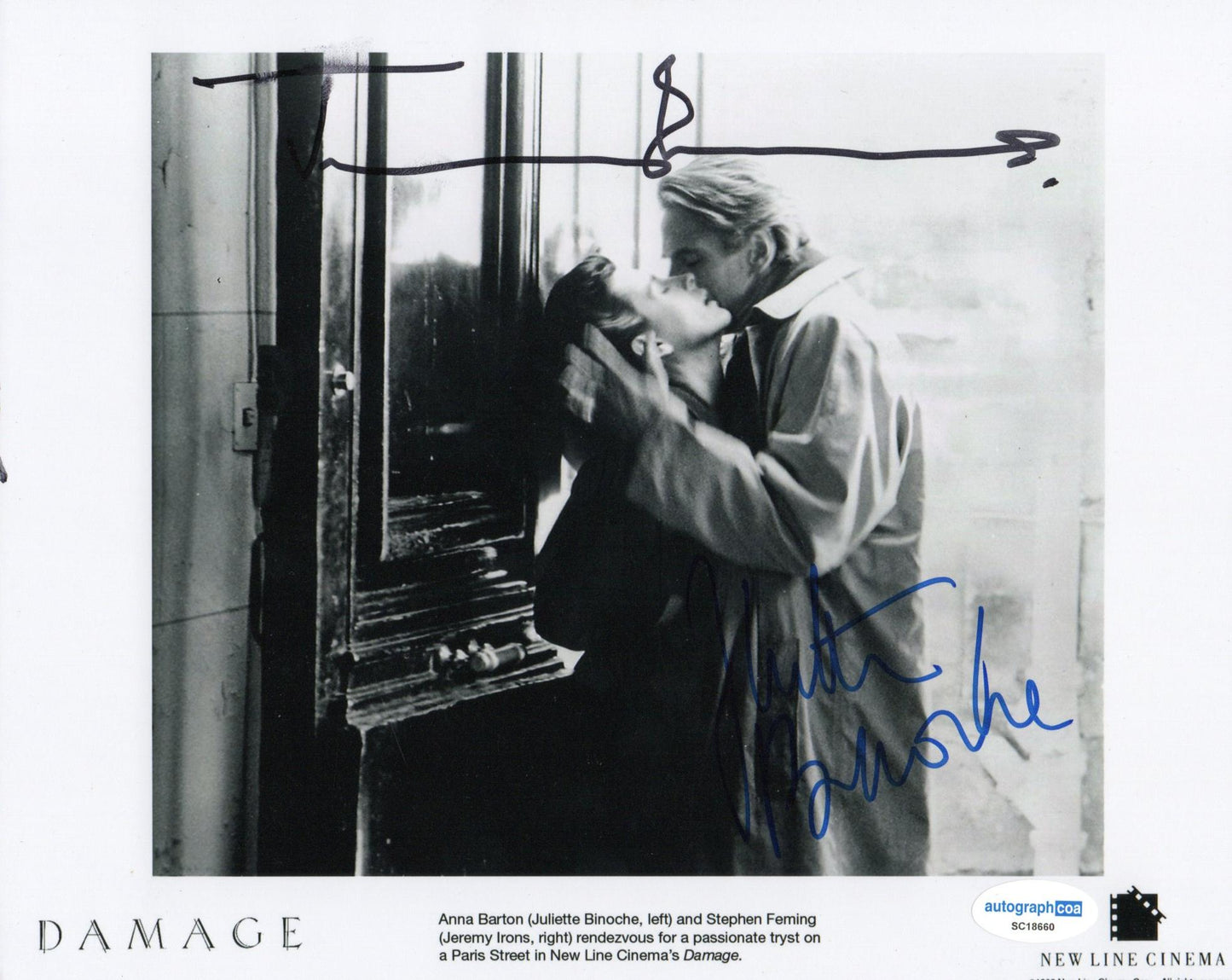 JULIETTE BINOCHE AND JEREMY IRONS SIGNED DAMAGE 10X8 PHOTO (1) ALSO ACOA CERTIFIED